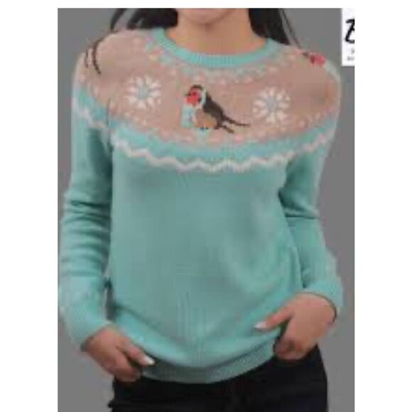 Talbots aqua Fair Isle bird print pullover lambswool blend sweater MP - Picture 9 of 9